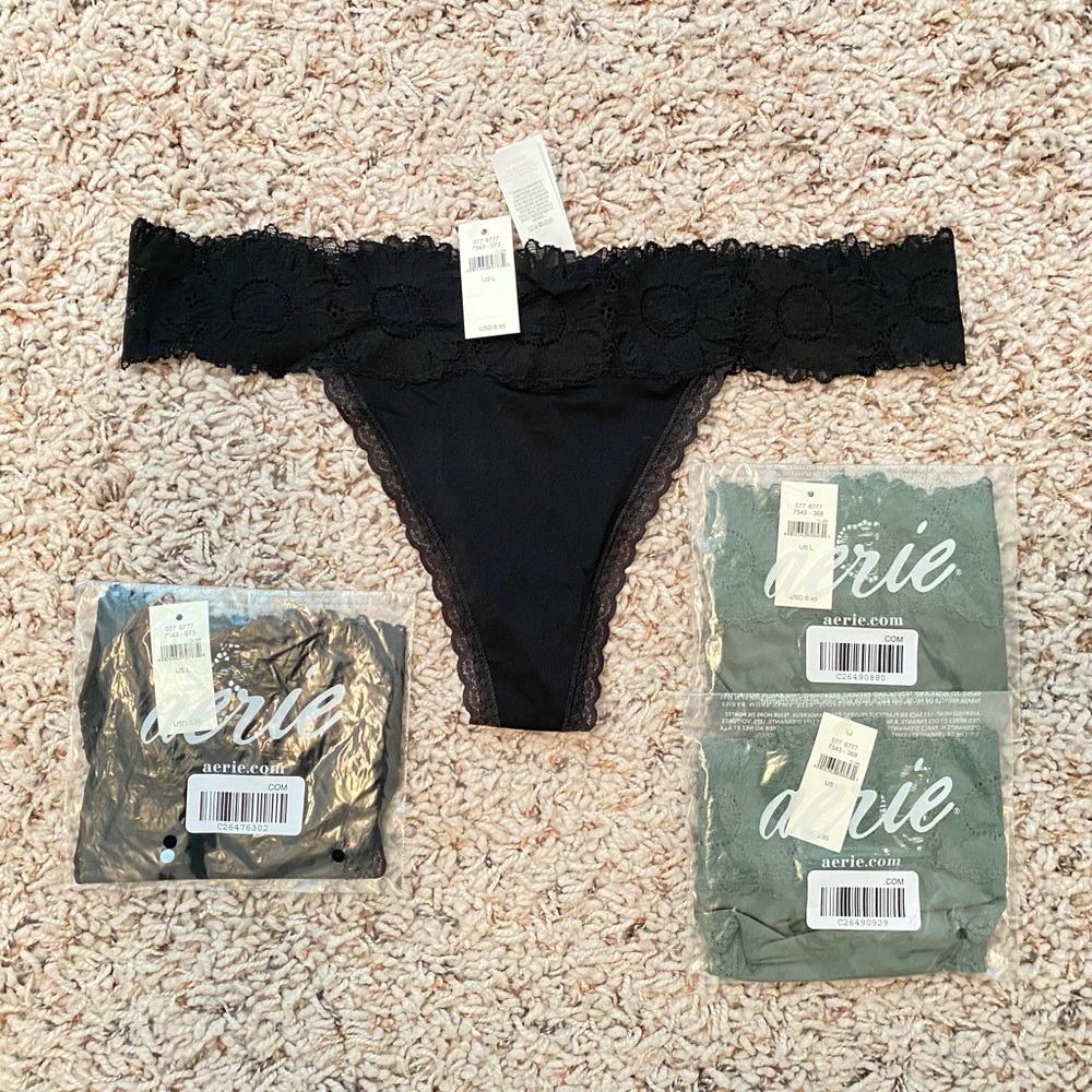 x4 NWT Aerie Shine Sunflower Lace Thong Underwear - Palm (2) & Black (2)